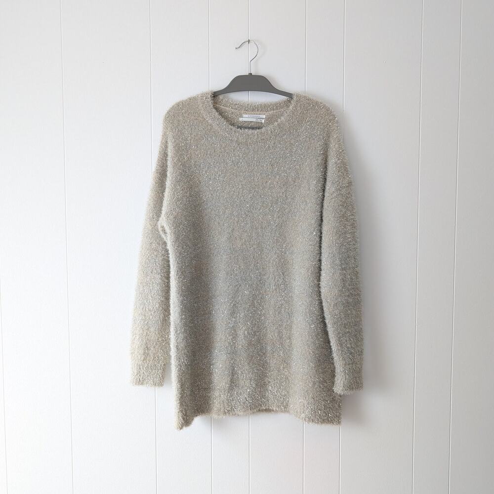 Anthropologie Taupe & Silver Crew Neck Tunic Holiday Sweater